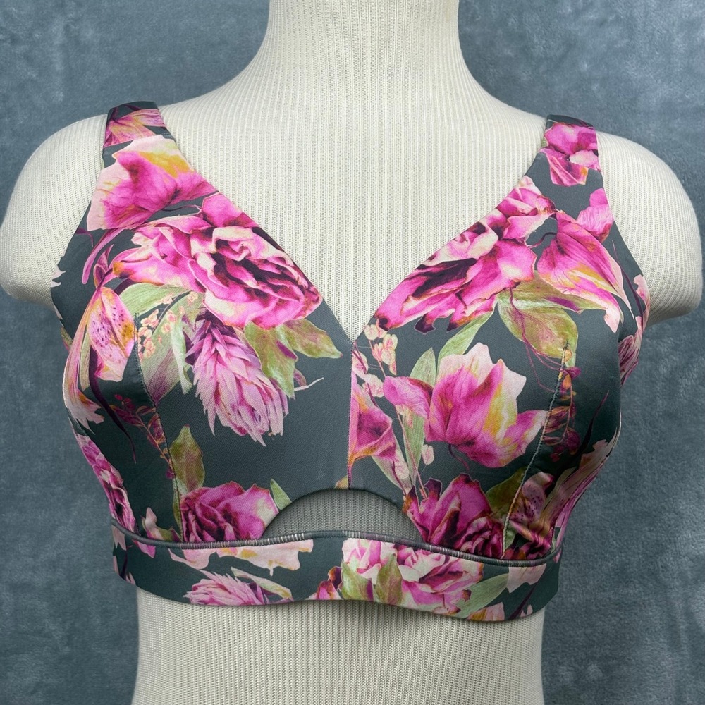 Cacique Womens 40D No-Wire Unlined Plunge Bra Floral Pink Gray Keyhole Cutout - Picture 3 of 12